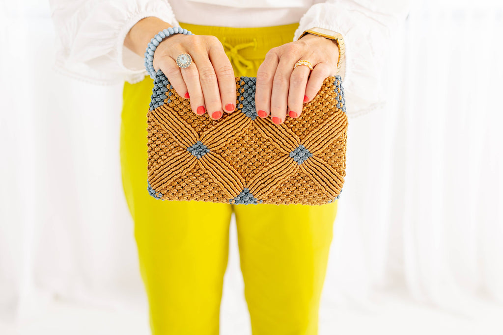 Macramé Clutch-Caramel & Dusty Blue